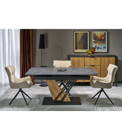 VOLANT 140 stół rozkładany, blat - czarny marmur, nogi - dąb złoty / czarny