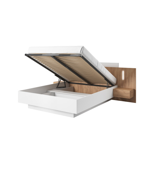 Łóżko ze stolikami i oświetleniem 3D - Biały / Dąb Craft Złoty