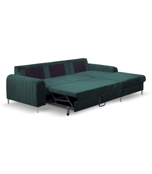 Narożnik rozkładany z pojemnikiem na pościel Monaco JUNGE GREEN 27 prawostronny / nogi czarne
