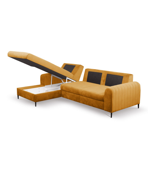 Narożnik rozkładany z pojemnikiem na pościel Monaco lewy MUSTARD 8 - złote nóżki