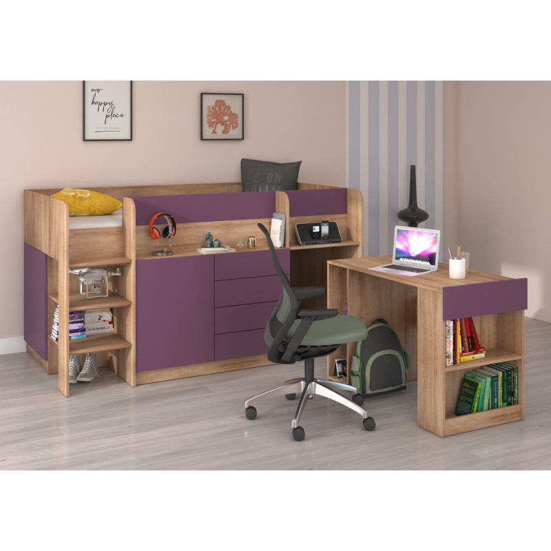 Łóżko piętrowe z biurkiem Smile lewe Sonoma jasna/Fiolet