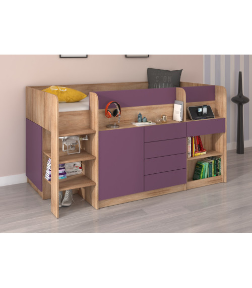 Łóżko piętrowe z biurkiem Smile lewe Sonoma jasna/Fiolet