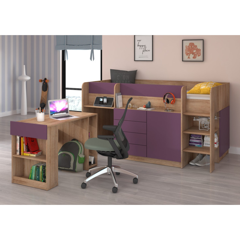 Łóżko piętrowe z biurkiem Smile prawe Sonoma jasna/Fiolet