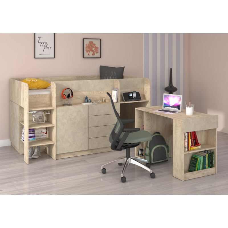 Łóżko piętrowe z biurkiem Smile lewe Dąb endgrain/Granada migdał