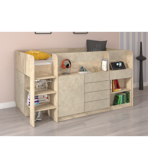 Łóżko piętrowe z biurkiem Smile lewe Dąb endgrain/Granada migdał