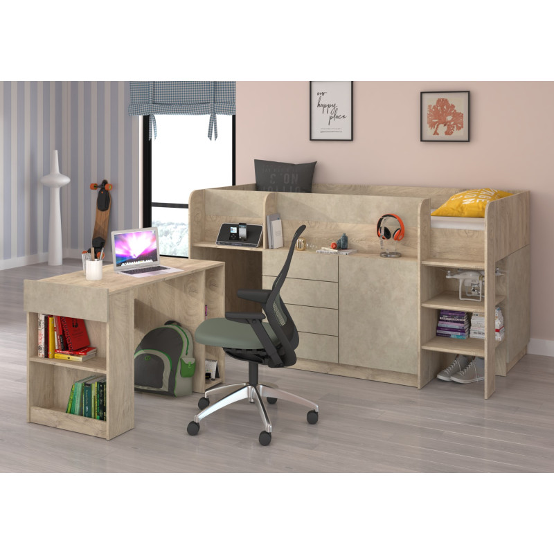 Łóżko piętrowe z biurkiem Smile prawe Dąb endgrain/Granada migdał