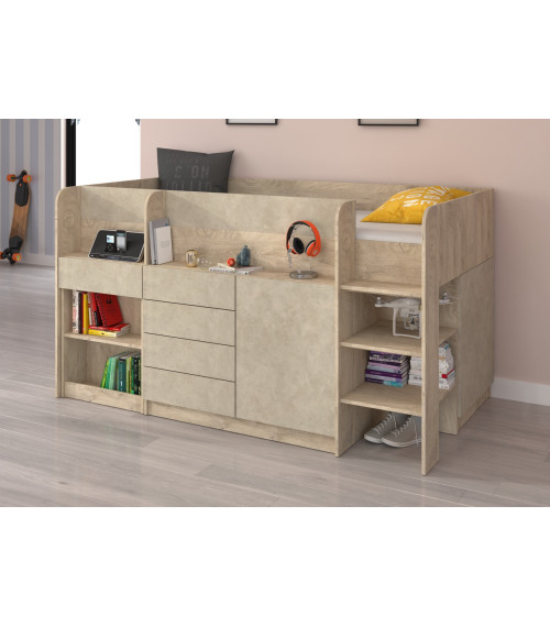 Łóżko piętrowe z biurkiem Smile prawe Dąb endgrain/Granada migdał