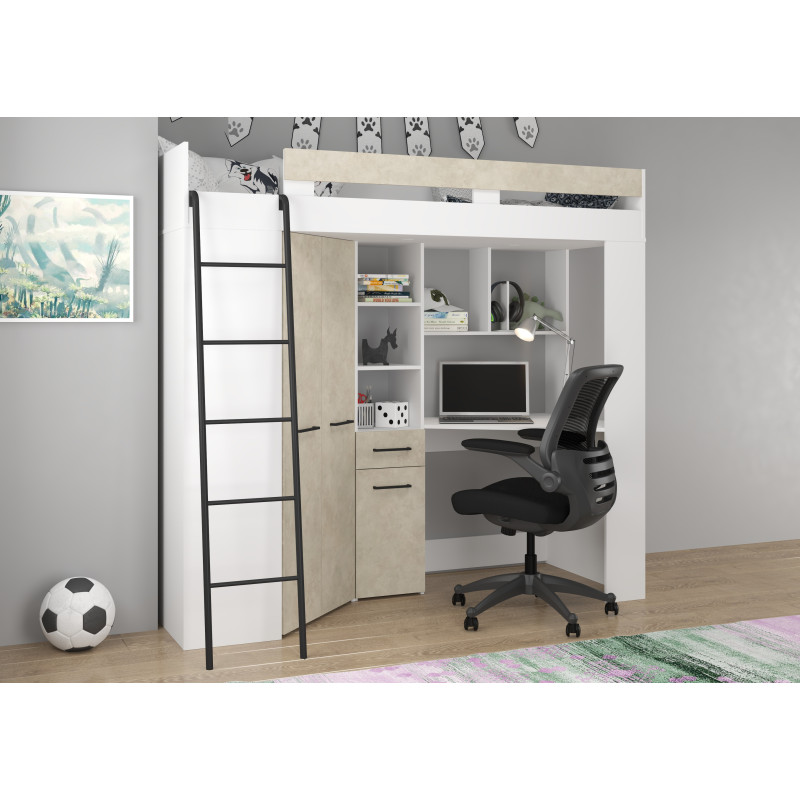 Łóżko piętrowe Floor L z biurkiem i szafą Biały/Granada migdał