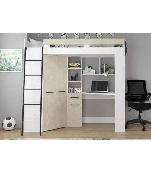 Łóżko piętrowe Floor L z biurkiem i szafą Biały/Granada migdał
