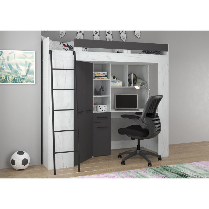 Łóżko piętrowe Floor L z biurkiem i szafą Craft biały/Grafit