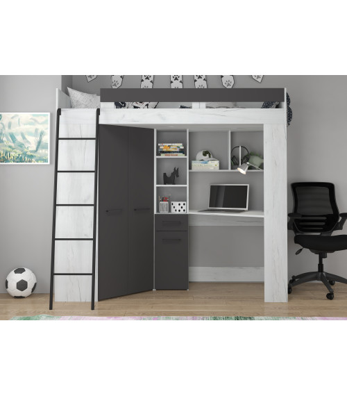 Łóżko piętrowe Floor L z biurkiem i szafą Craft biały/Grafit