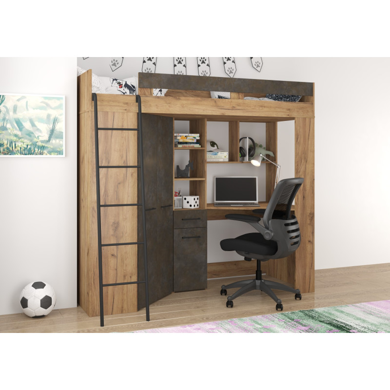 Łóżko piętrowe Floor L z biurkiem i szafą Craft złoty/Granada brąz