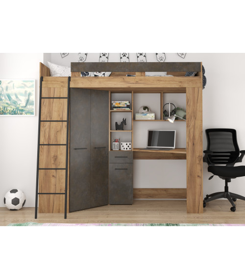 Łóżko piętrowe Floor L z biurkiem i szafą Craft złoty/Granada brąz