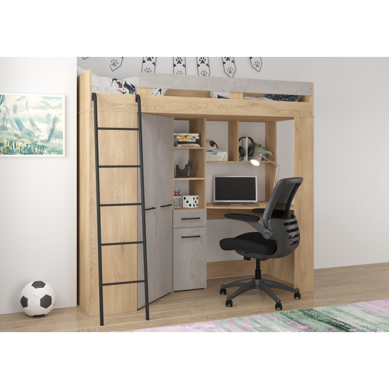 Łóżko piętrowe Floor L z biurkiem i szafą Dąb Cremona/Beton szary