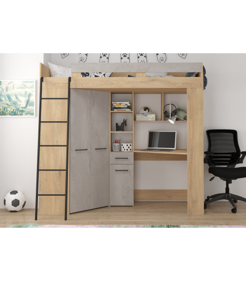Łóżko piętrowe Floor L z biurkiem i szafą Dąb Cremona/Beton szary