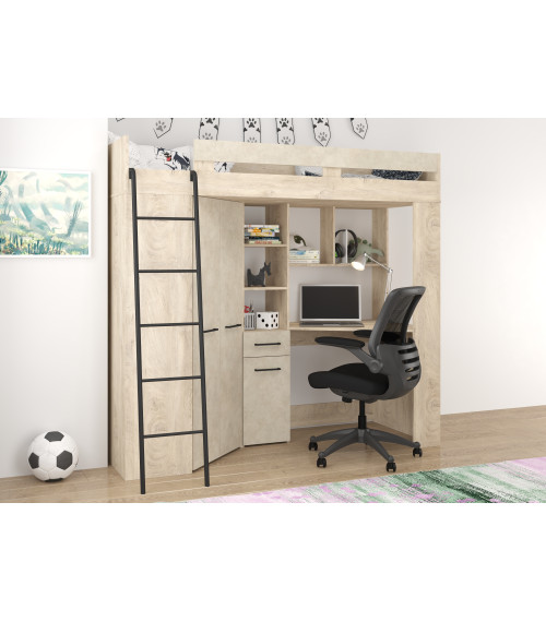 Łóżko piętrowe Floor L z biurkiem i szafą Dąb Endgrain/Granada migdał