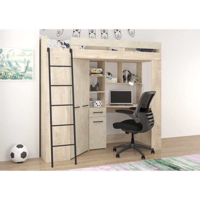 Łóżko piętrowe Floor L z biurkiem i szafą Dąb Endgrain/Granada migdał