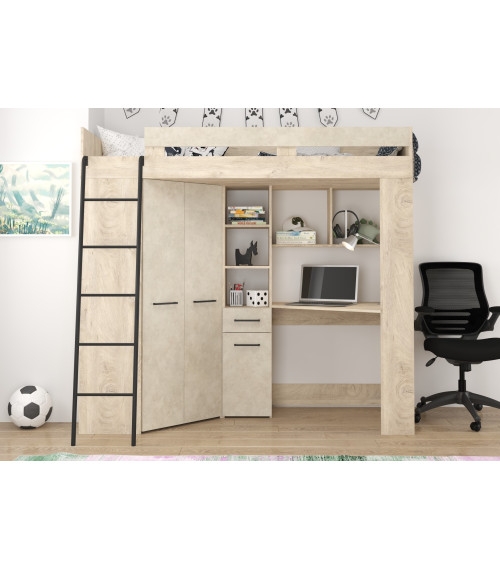 Łóżko piętrowe Floor L z biurkiem i szafą Dąb Endgrain/Granada migdał