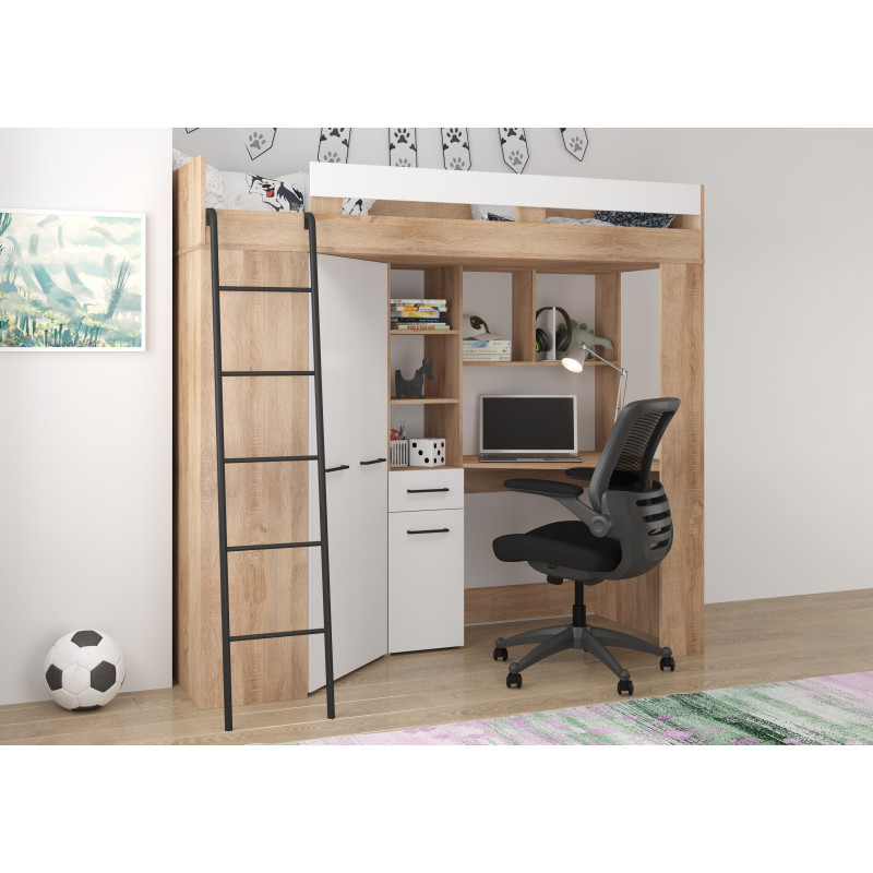 Łóżko piętrowe Floor L z biurkiem i szafą Sonoma jasna/Biały