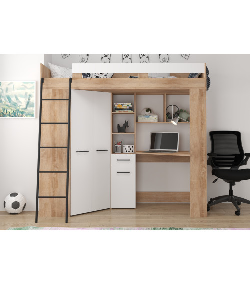Łóżko piętrowe Floor L z biurkiem i szafą Sonoma jasna/Biały