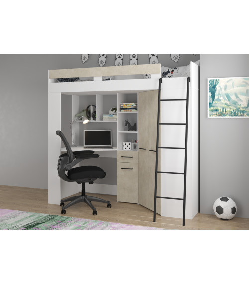 Łóżko piętrowe Floor P z biurkiem i szafą Biały/Granada migdał
