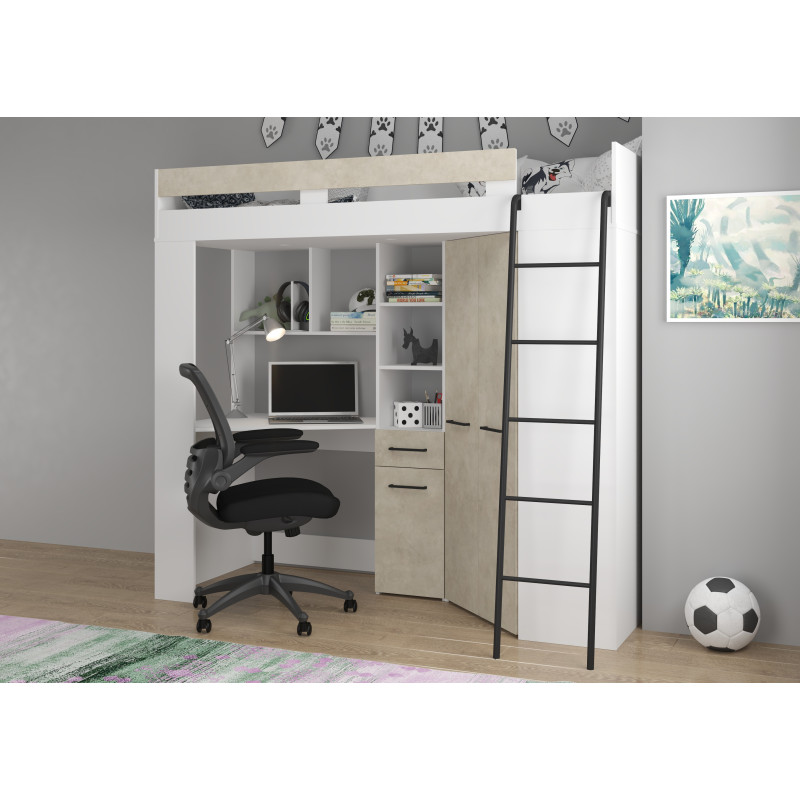 Łóżko piętrowe Floor P z biurkiem i szafą Biały/Granada migdał