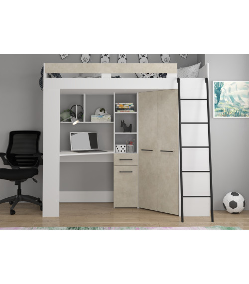 Łóżko piętrowe Floor P z biurkiem i szafą Biały/Granada migdał