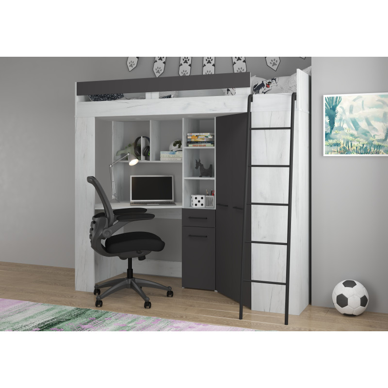 Łóżko piętrowe Floor P z biurkiem i szafą Craft biały/Grafit