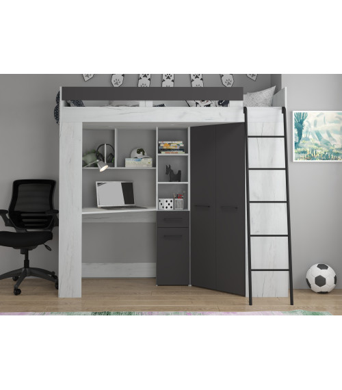 Łóżko piętrowe Floor P z biurkiem i szafą Craft biały/Grafit