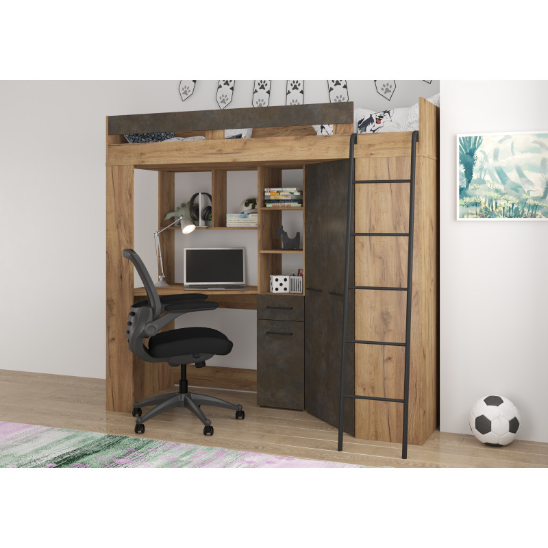 Łóżko piętrowe Floor P z biurkiem i szafą Craft złoty/Granada brąz