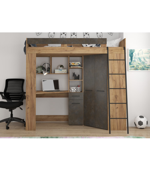 Łóżko piętrowe Floor P z biurkiem i szafą Craft złoty/Granada brąz