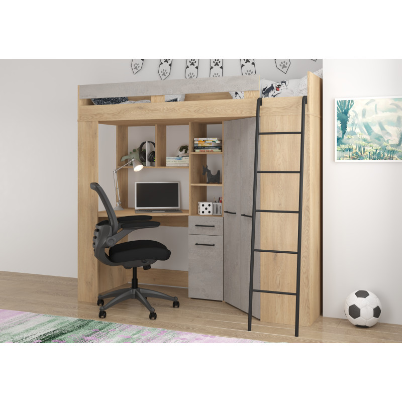 Łóżko piętrowe Floor P z biurkiem i szafą Dąb Cremona/Beton szary