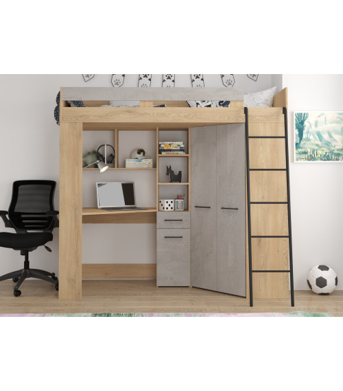Łóżko piętrowe Floor P z biurkiem i szafą Dąb Cremona/Beton szary