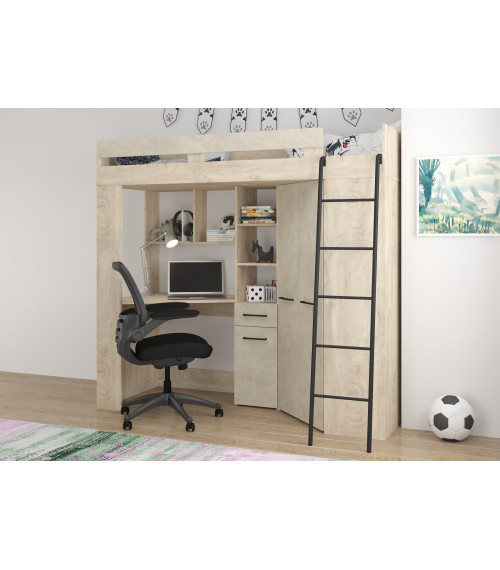 Łóżko piętrowe Floor P z biurkiem i szafą Dąb Endgrain/Granada migdał