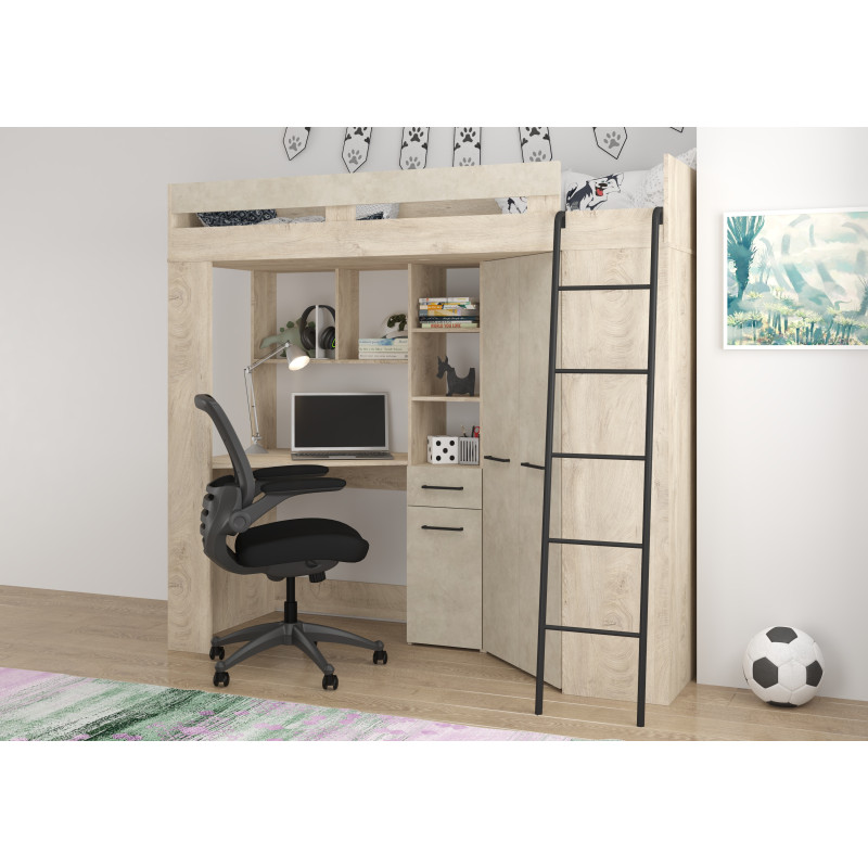 Łóżko piętrowe Floor P z biurkiem i szafą Dąb Endgrain/Granada migdał
