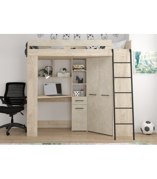 Łóżko piętrowe Floor P z biurkiem i szafą Dąb Endgrain/Granada migdał