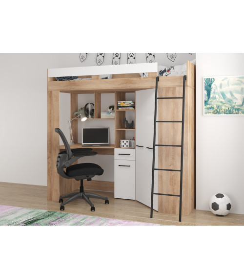 Łóżko piętrowe Floor P z biurkiem i szafą Sonoma jasna/Biały