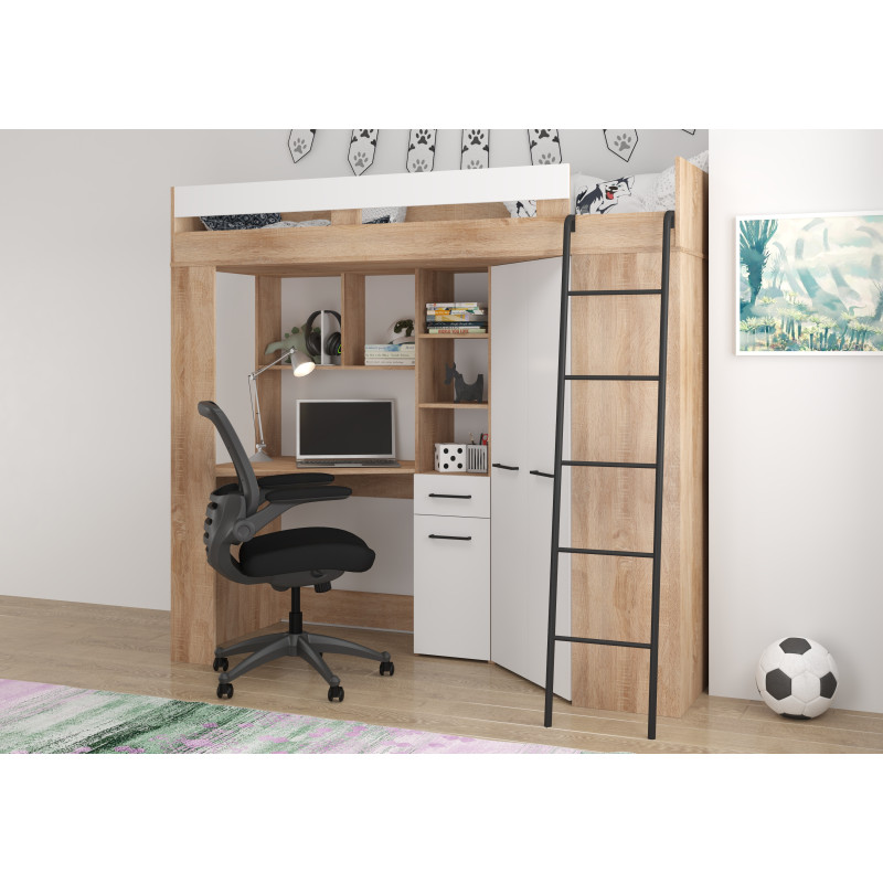 Łóżko piętrowe Floor P z biurkiem i szafą Sonoma jasna/Biały