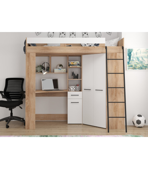 Łóżko piętrowe Floor P z biurkiem i szafą Sonoma jasna/Biały