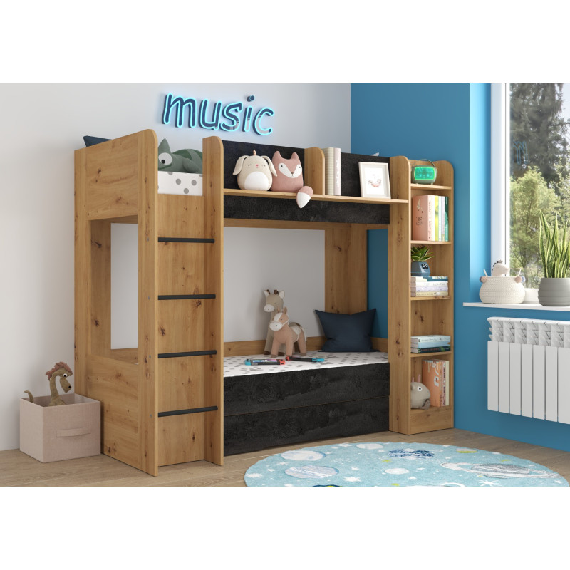 Łóżko piętrowe Everest L z szufladą Dąb Artisan/Beton czarny