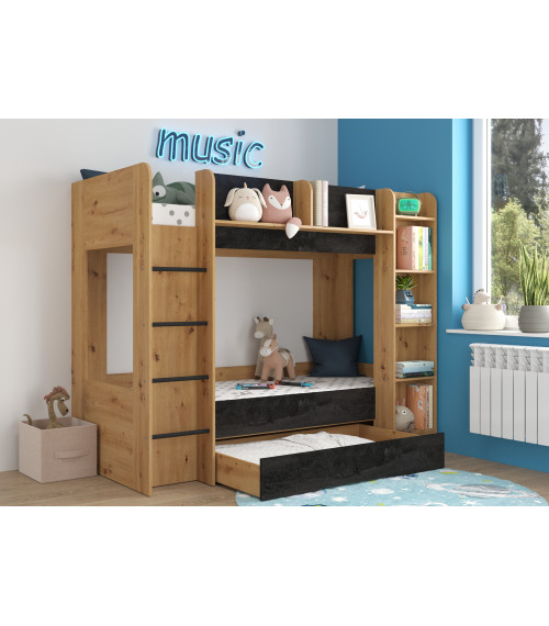 Łóżko piętrowe Everest L z szufladą Dąb Artisan/Beton czarny