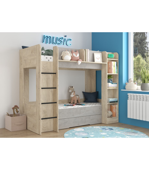 Łóżko piętrowe Everest L z szufladą Dąb Endgrain/Beton szary