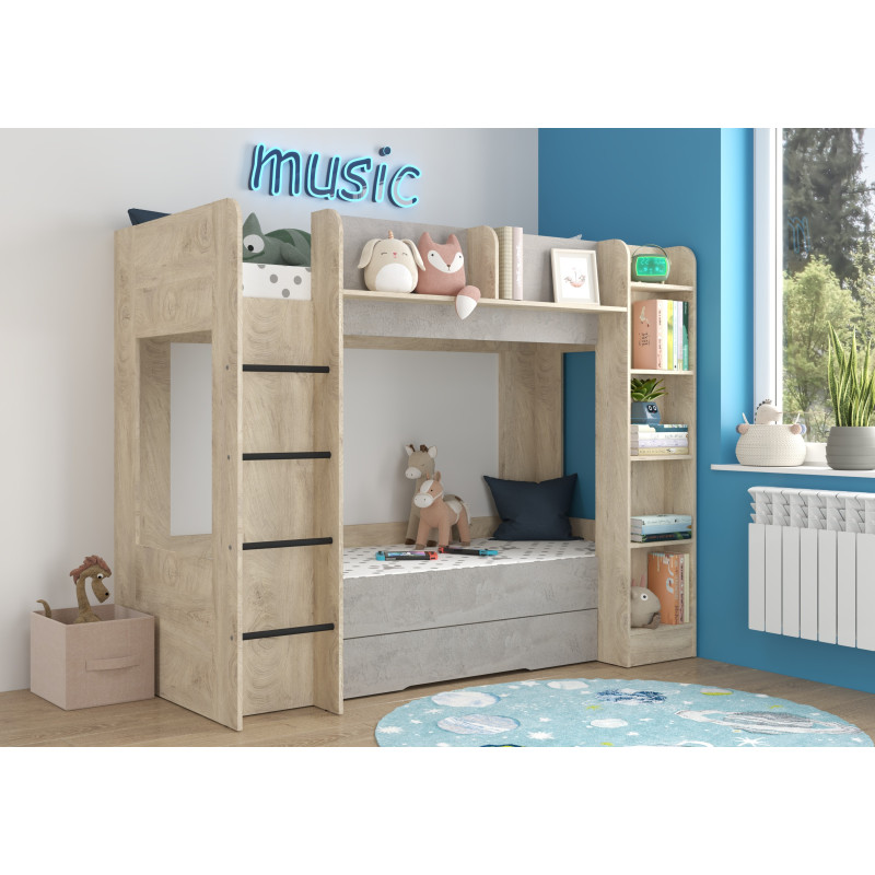 Łóżko piętrowe Everest L z szufladą Dąb Endgrain/Beton szary