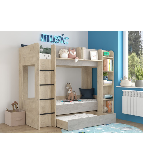 Łóżko piętrowe Everest L z szufladą Dąb Endgrain/Beton szary