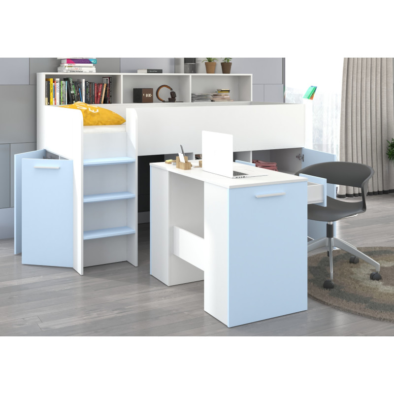 Łóżko z biurkiem Neo L i szufladami Biały/Błękit