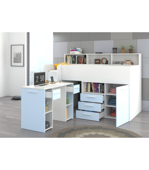 Łóżko z biurkiem Neo L i szufladami Biały/Błękit