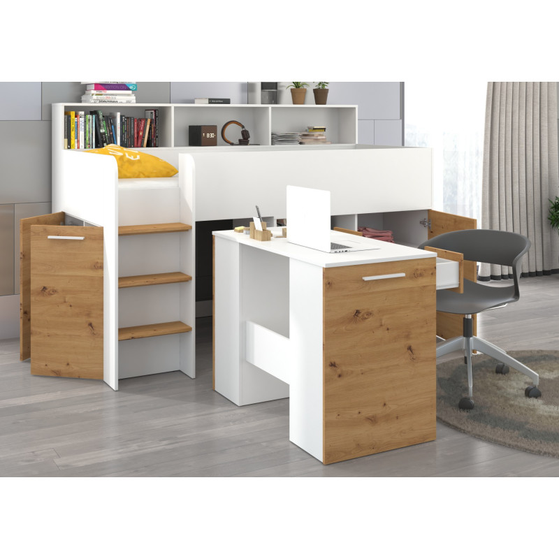 Łóżko z biurkiem Neo L i szufladami Biały/Dąb Artisan