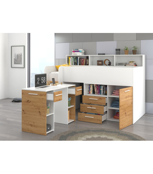 Łóżko z biurkiem Neo L i szufladami Biały/Dąb Artisan
