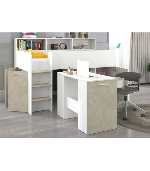 Łóżko z biurkiem Neo L i szufladami Biały/Granada migdał