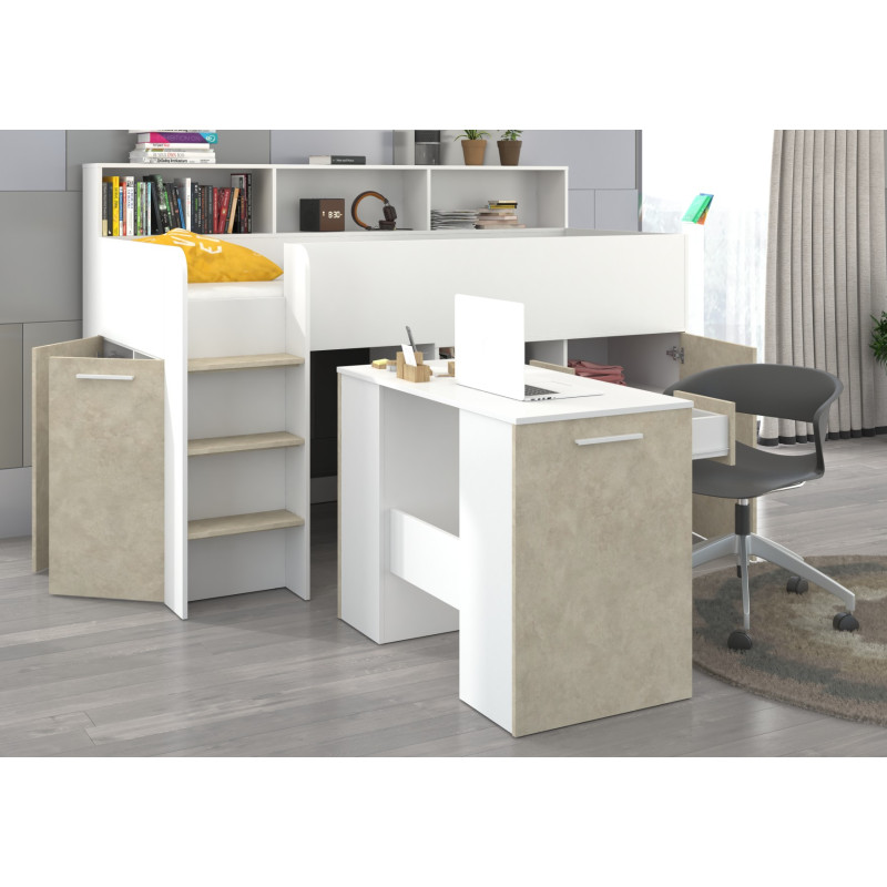 Łóżko z biurkiem Neo L i szufladami Biały/Granada migdał